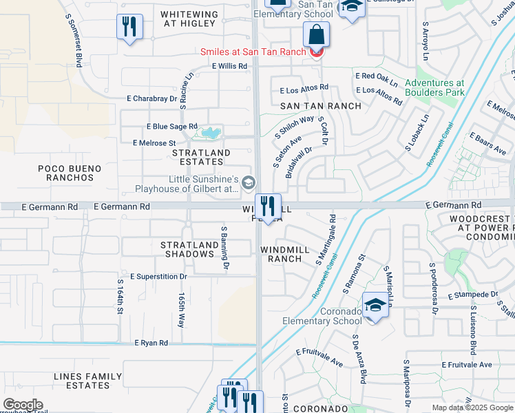 map of restaurants, bars, coffee shops, grocery stores, and more near East Germann Road & South Higley Road in Gilbert
