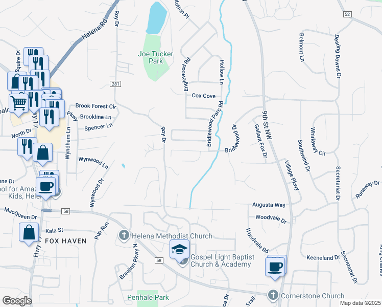 map of restaurants, bars, coffee shops, grocery stores, and more near 2577 Bridlewood Drive in Helena