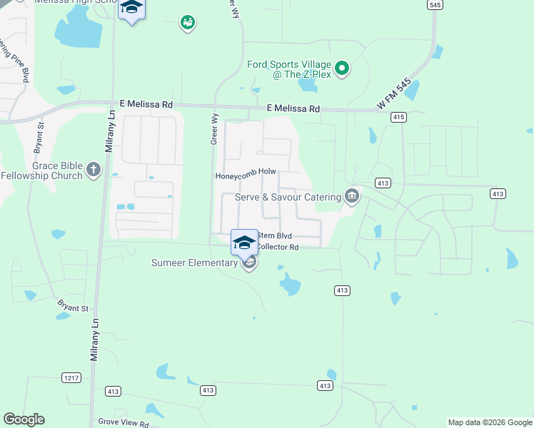 map of restaurants, bars, coffee shops, grocery stores, and more near 2214 Poppy Valley Lane in Melissa