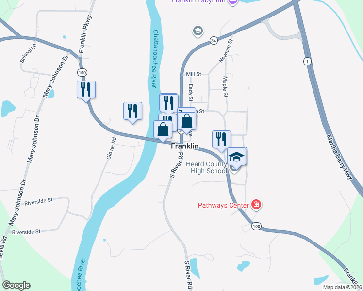 map of restaurants, bars, coffee shops, grocery stores, and more near Lagrange Street in Franklin