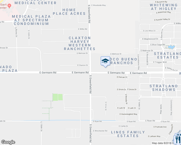 map of restaurants, bars, coffee shops, grocery stores, and more near East Germann Road in Gilbert