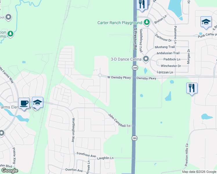 map of restaurants, bars, coffee shops, grocery stores, and more near Preston Road in Celina