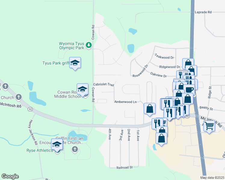 map of restaurants, bars, coffee shops, grocery stores, and more near 1901 Amberwood Court in Griffin