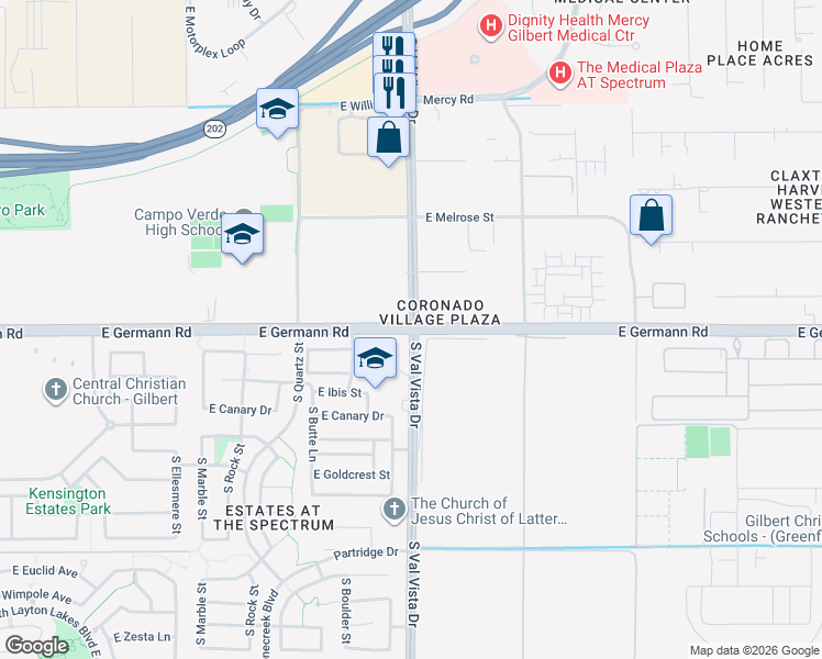 map of restaurants, bars, coffee shops, grocery stores, and more near S Val Vista Dr & E Germann Rd in Gilbert