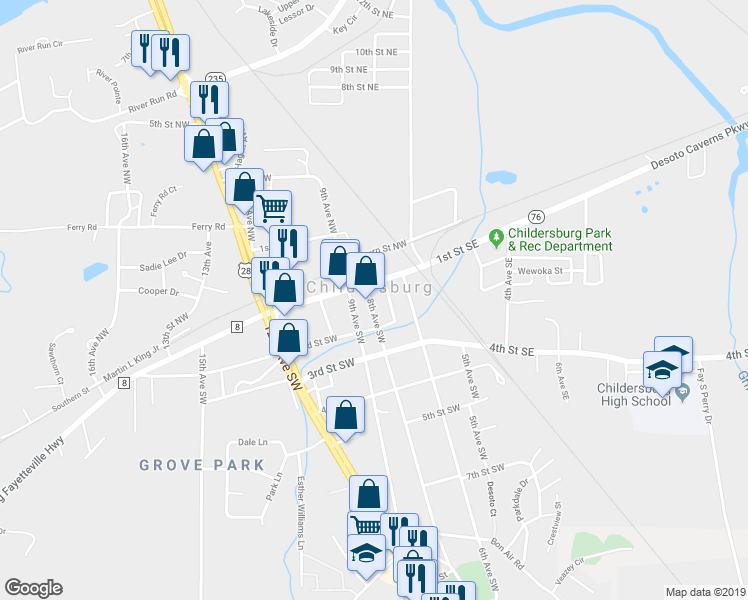 map of restaurants, bars, coffee shops, grocery stores, and more near 108 8th Avenue Southwest in Childersburg