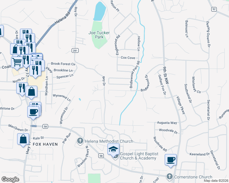 map of restaurants, bars, coffee shops, grocery stores, and more near 2583 Bridlewood Drive in Helena