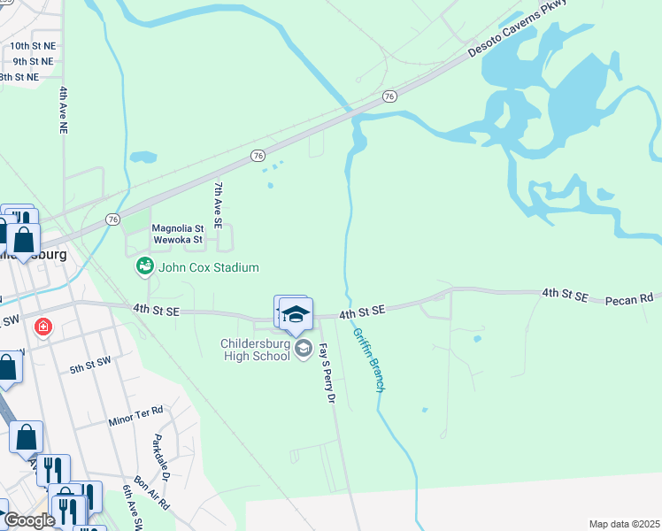 map of restaurants, bars, coffee shops, grocery stores, and more near 1055 4th Street Southeast in Childersburg