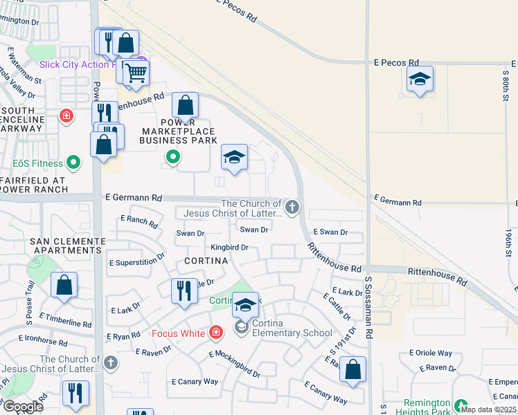 map of restaurants, bars, coffee shops, grocery stores, and more near 189th Street in Queen Creek