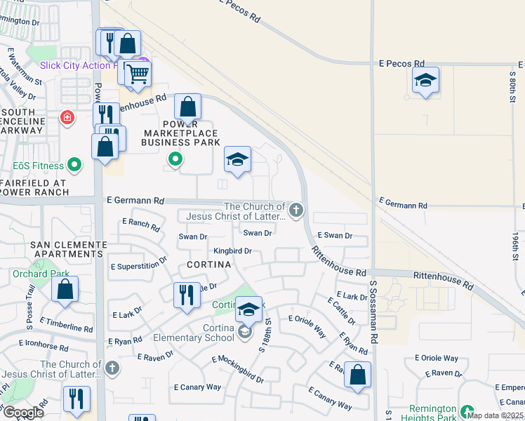 map of restaurants, bars, coffee shops, grocery stores, and more near 189th Street in Queen Creek