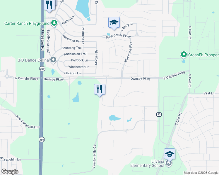 map of restaurants, bars, coffee shops, grocery stores, and more near 4070 Heritage Trail in Celina
