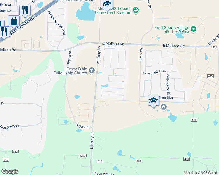 map of restaurants, bars, coffee shops, grocery stores, and more near 2130 Milrany Lane in Melissa