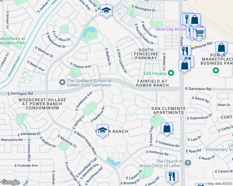 map of restaurants, bars, coffee shops, grocery stores, and more near 4427 East Sundance Court in Gilbert