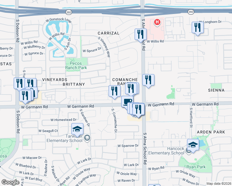 map of restaurants, bars, coffee shops, grocery stores, and more near 1223 West Weatherby Way in Chandler