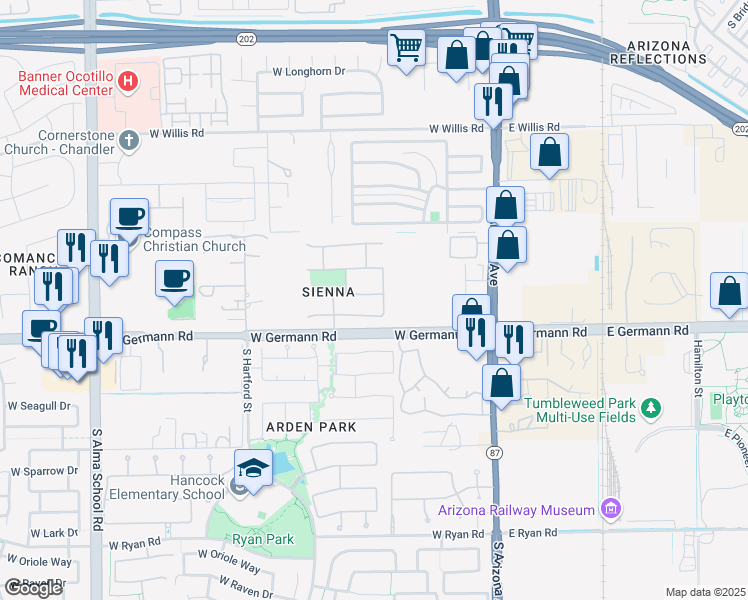 map of restaurants, bars, coffee shops, grocery stores, and more near 333 West Weatherby Place in Chandler