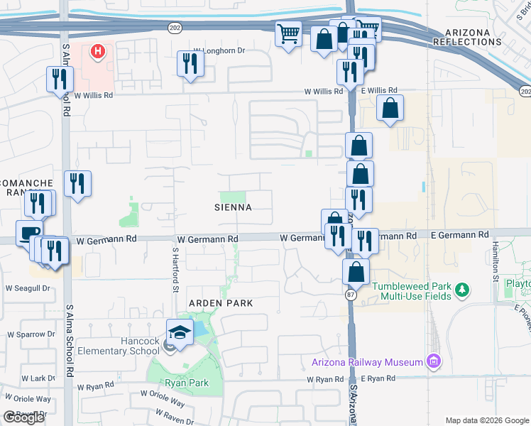 map of restaurants, bars, coffee shops, grocery stores, and more near 333 West Weatherby Place in Chandler