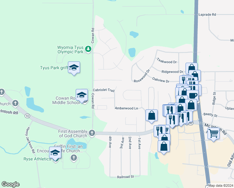 map of restaurants, bars, coffee shops, grocery stores, and more near 139 Amberwood Lane in Griffin