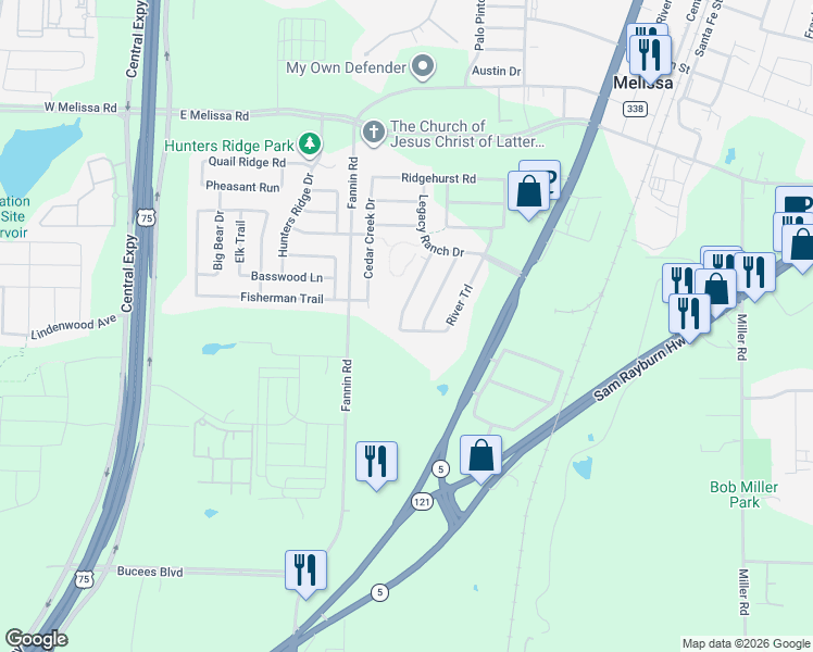 map of restaurants, bars, coffee shops, grocery stores, and more near 2012 South Fannin Road in Melissa