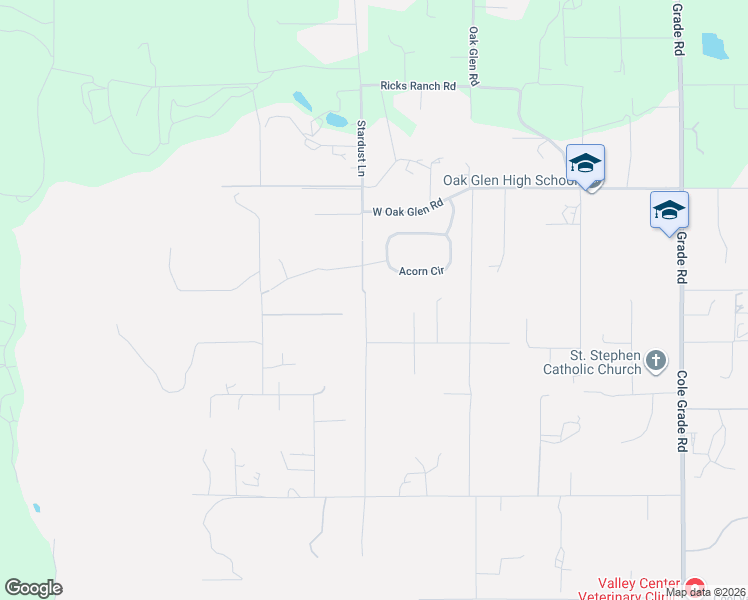 map of restaurants, bars, coffee shops, grocery stores, and more near 31121 Stardust Lane in Valley Center
