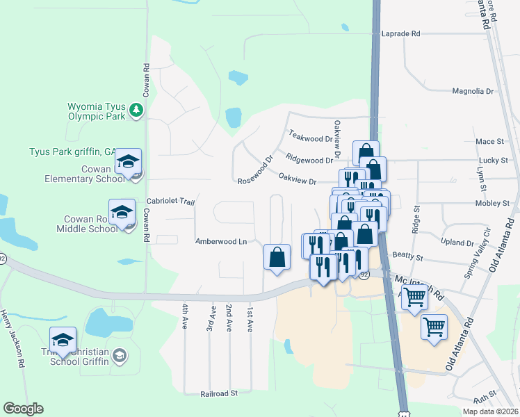 map of restaurants, bars, coffee shops, grocery stores, and more near 1712 Hallmark Drive in Griffin