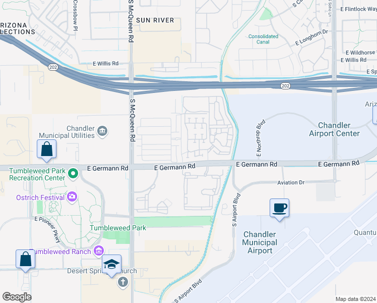 map of restaurants, bars, coffee shops, grocery stores, and more near 1181 East Marlin Drive in Chandler