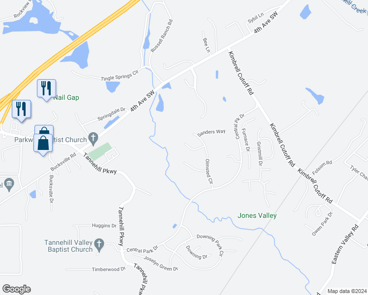 map of restaurants, bars, coffee shops, grocery stores, and more near 22805 Rimbred Court in McCalla