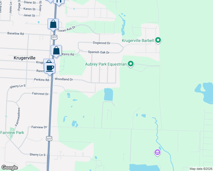 map of restaurants, bars, coffee shops, grocery stores, and more near 212 Woodland Drive in Aubrey