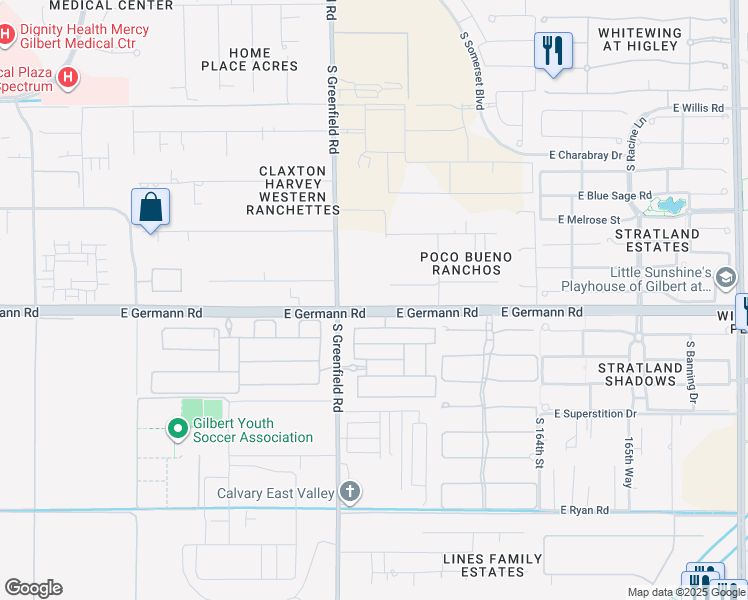 map of restaurants, bars, coffee shops, grocery stores, and more near 2462 East Pelican Drive in Gilbert