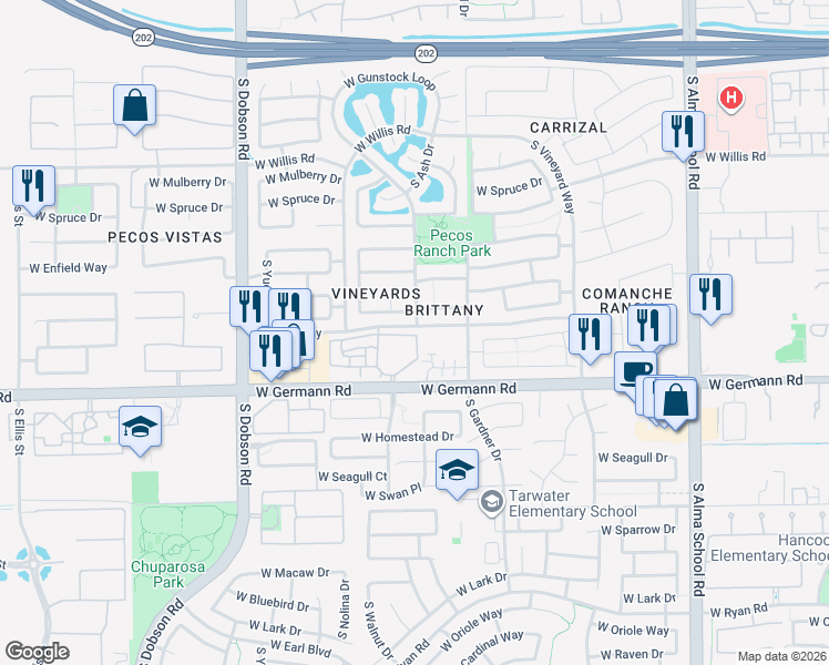 map of restaurants, bars, coffee shops, grocery stores, and more near 1616 West Germann Road in Chandler
