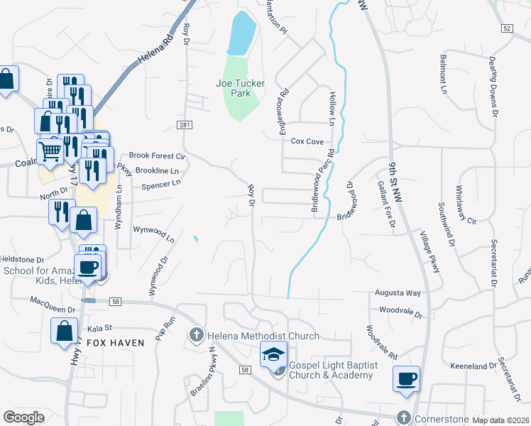 map of restaurants, bars, coffee shops, grocery stores, and more near 2586 Bridlewood Drive in Helena