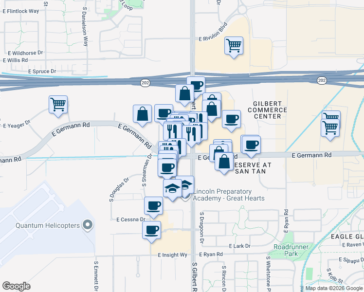 map of restaurants, bars, coffee shops, grocery stores, and more near 2990 East Germann Road in Chandler