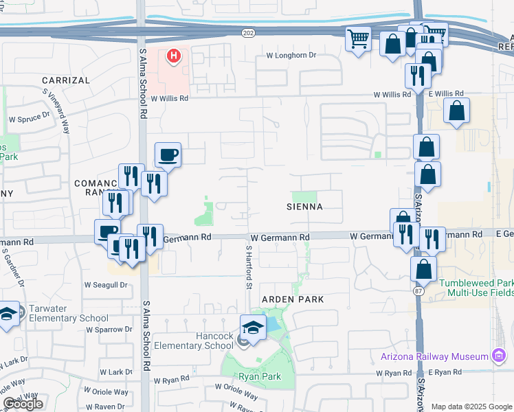 map of restaurants, bars, coffee shops, grocery stores, and more near 1991 South Tumbleweed Lane in Chandler