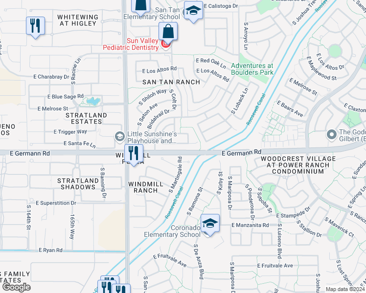 map of restaurants, bars, coffee shops, grocery stores, and more near 3443 East Santa Fe Lane in Gilbert