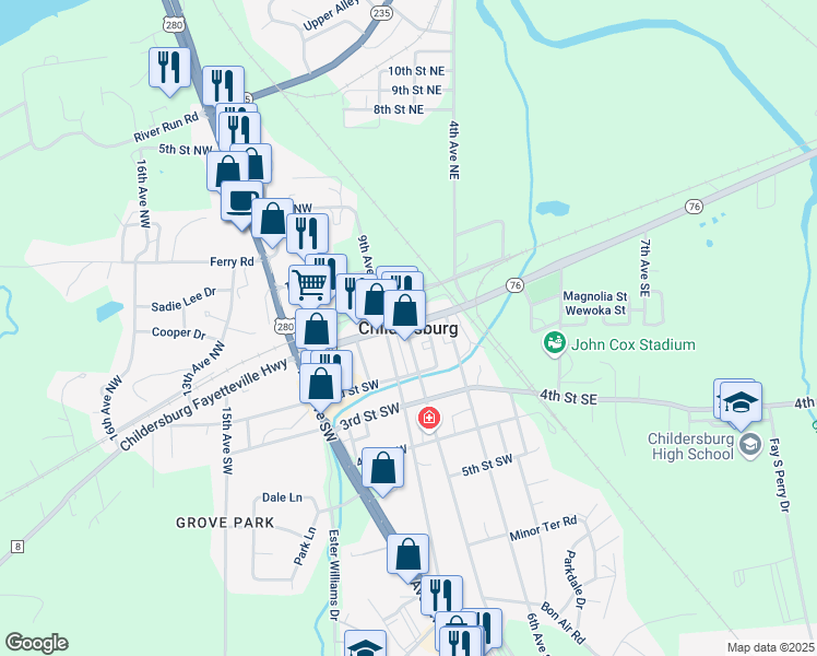 map of restaurants, bars, coffee shops, grocery stores, and more near in Childersburg