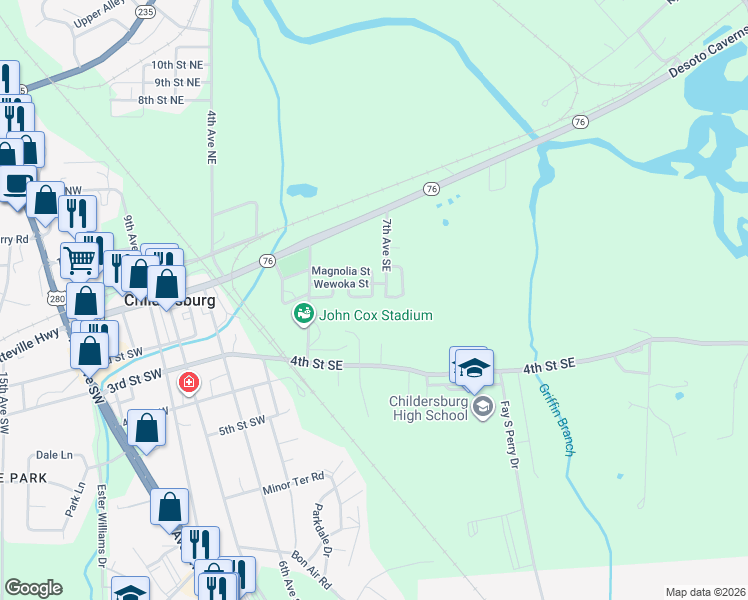 map of restaurants, bars, coffee shops, grocery stores, and more near 100 Wewoka Circle in Childersburg