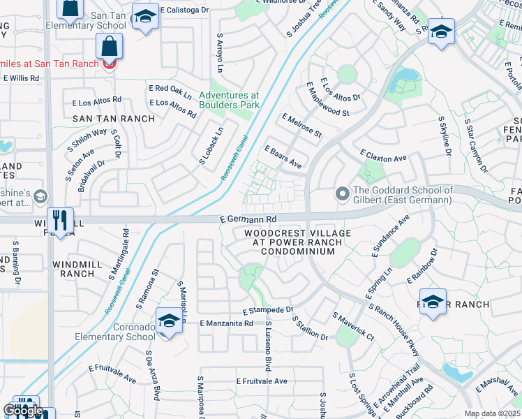 map of restaurants, bars, coffee shops, grocery stores, and more near 3789 East Flamingo Way in Gilbert