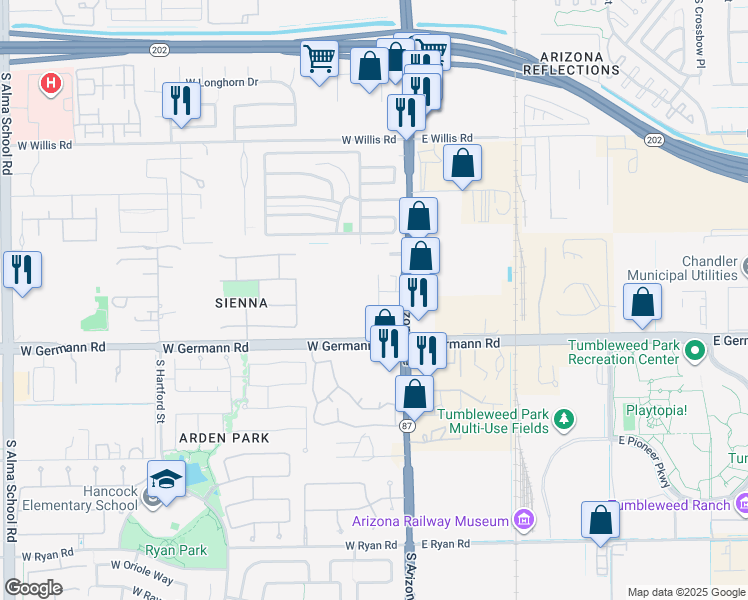 map of restaurants, bars, coffee shops, grocery stores, and more near 314 West Germann Road in Chandler