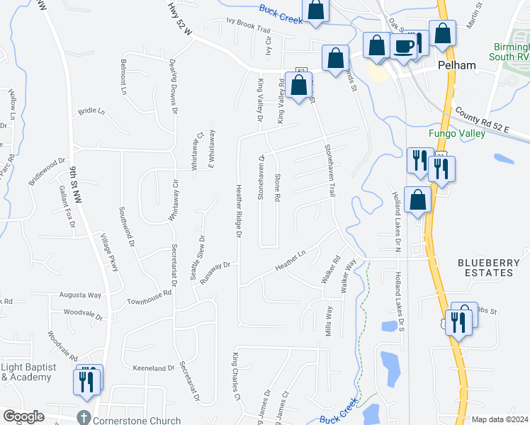 map of restaurants, bars, coffee shops, grocery stores, and more near 169 Stonehaven Drive in Pelham