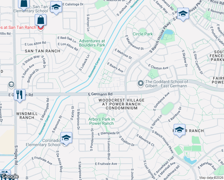 map of restaurants, bars, coffee shops, grocery stores, and more near East Germann Road in Gilbert