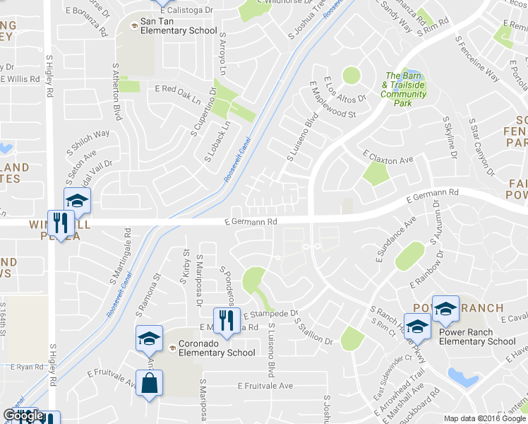 map of restaurants, bars, coffee shops, grocery stores, and more near 3789 East Flamingo Way in Gilbert