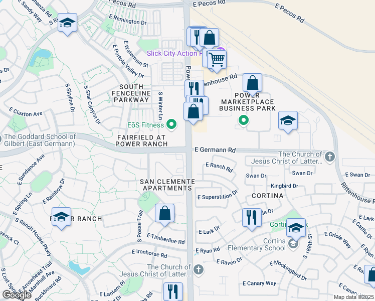 map of restaurants, bars, coffee shops, grocery stores, and more near E Germann Rd & S Power Rd in Gilbert