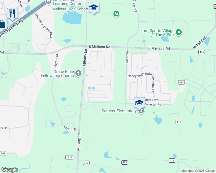 map of restaurants, bars, coffee shops, grocery stores, and more near 2130 Milrany Lane in Melissa