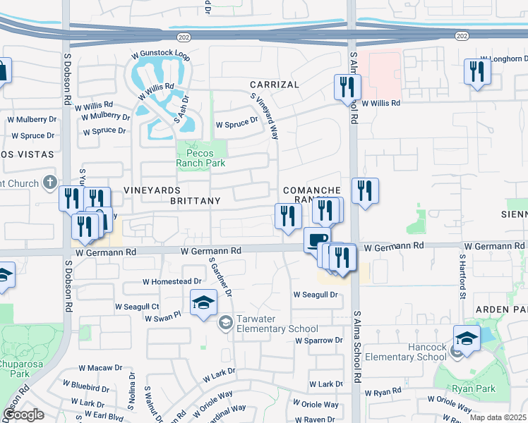 map of restaurants, bars, coffee shops, grocery stores, and more near 1350 West Weatherby Way in Chandler