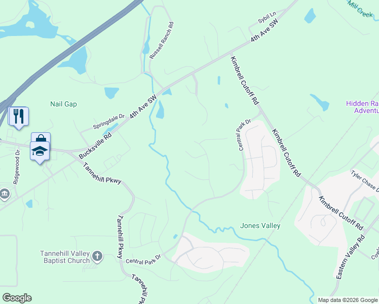 map of restaurants, bars, coffee shops, grocery stores, and more near 22792 Rimbred Court in McCalla