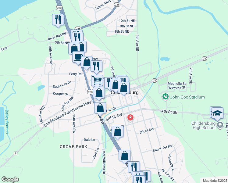 map of restaurants, bars, coffee shops, grocery stores, and more near 913 1st Street Southwest in Childersburg