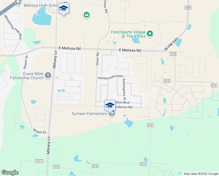 map of restaurants, bars, coffee shops, grocery stores, and more near 2306 Grassland Avenue in Melissa