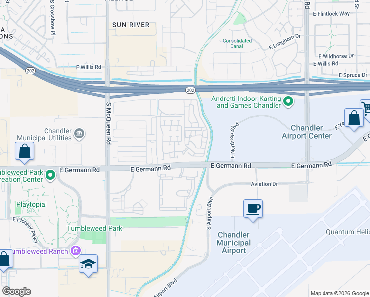 map of restaurants, bars, coffee shops, grocery stores, and more near 1345 East Weatherby Way in Chandler
