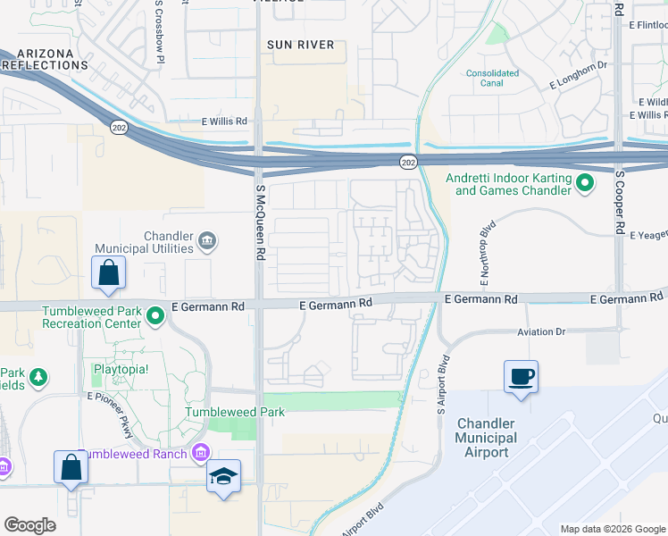 map of restaurants, bars, coffee shops, grocery stores, and more near 1220 East Weatherby Way in Chandler