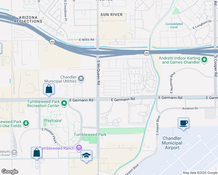 map of restaurants, bars, coffee shops, grocery stores, and more near 1146 East Weatherby Way in Chandler