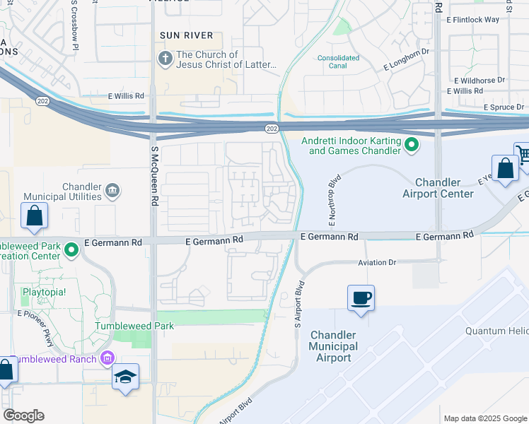 map of restaurants, bars, coffee shops, grocery stores, and more near 1345 East Weatherby Way in Chandler