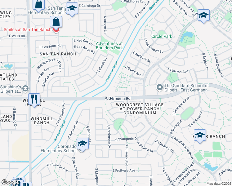 map of restaurants, bars, coffee shops, grocery stores, and more near 3761 East Santa Fe Lane in Gilbert